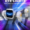 A white interactive robot dog with glowing blue eyes is shown in a futuristic setting.
