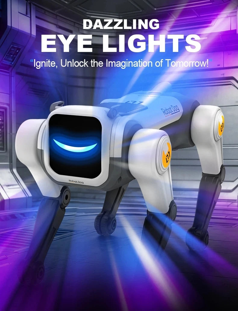 A white interactive robot dog with glowing blue eyes is shown in a futuristic setting.