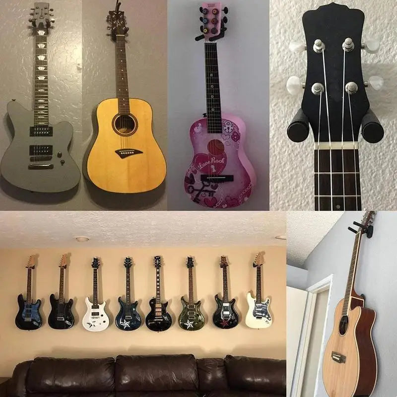 A display of various guitars mounted on a wall with soft padding and hangers.