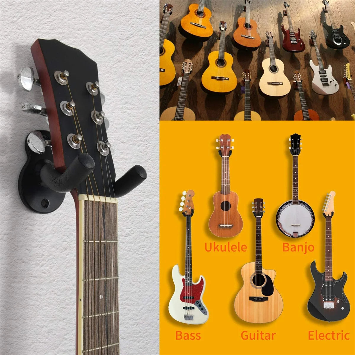 A display showing various guitars including acoustic, electric, and bass instruments mounted on a wall hanger.