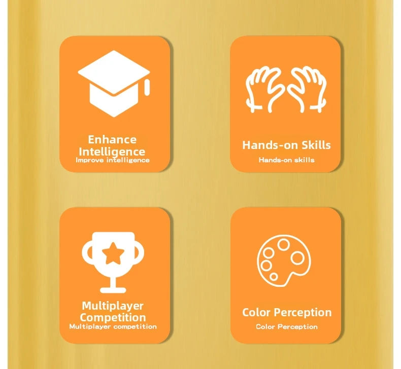 A set of four orange square icons representing game features: Enhance Intelligence, Hands-on Skills, Multiplayer Competition,