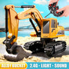 A yellow remote control excavator toy with an alloy bucket is shown in a close-up view.