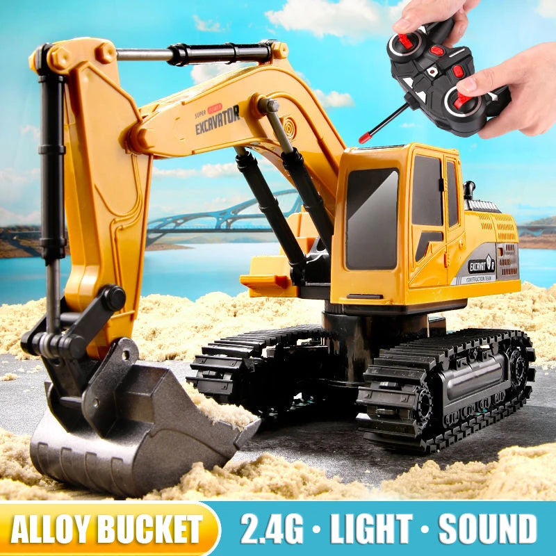A yellow remote control excavator toy with an alloy bucket is shown in a close-up view.