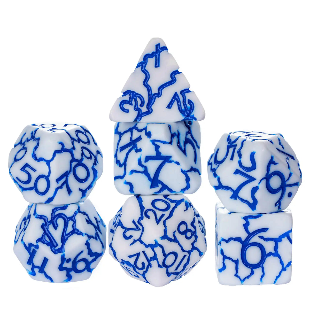 A set of seven frosted crack resin polyhedral dice in various shapes and sizes with blue markings