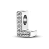 A personalized sterling silver alphabet charm bead featuring a letter 'L' encrusted with cubic zirconia stones.