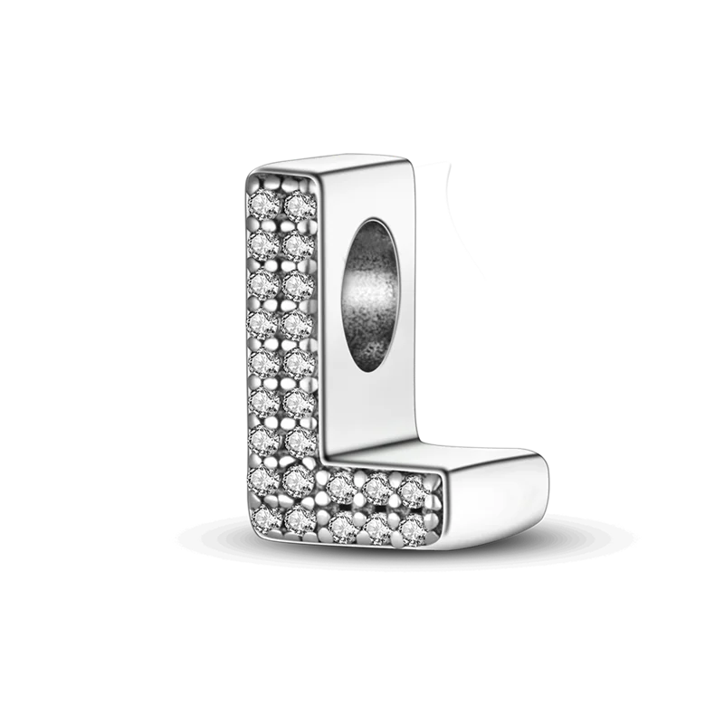 A personalized sterling silver alphabet charm bead featuring a letter 'L' encrusted with cubic zirconia stones.
