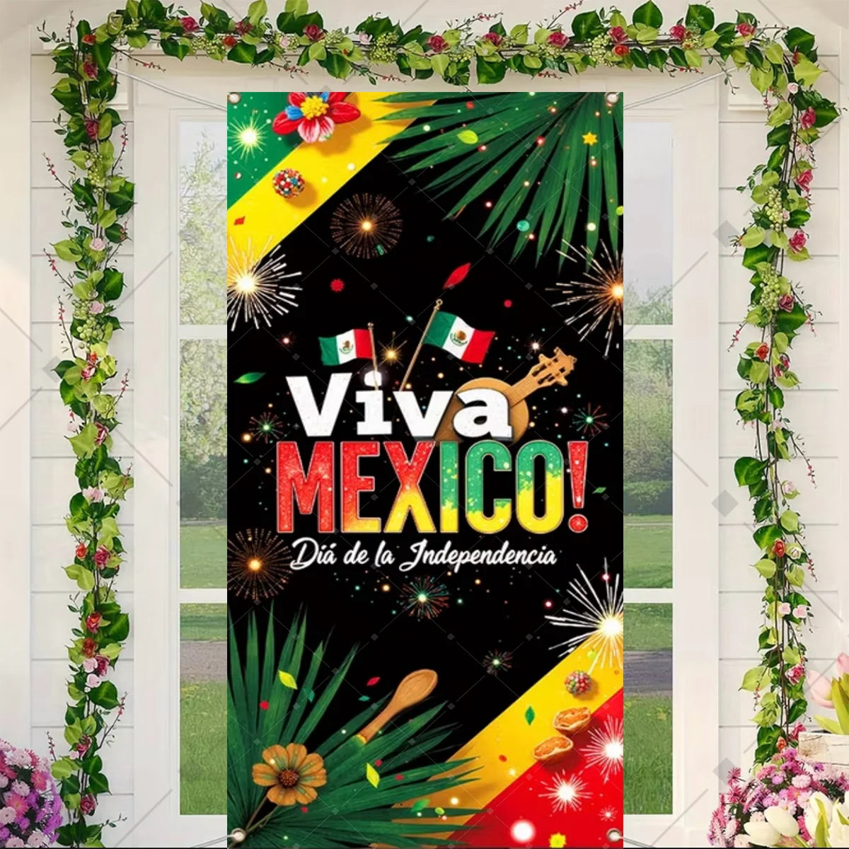 A vibrant door cover featuring a Viva Mexico design with Mexican flag elements and greenery.