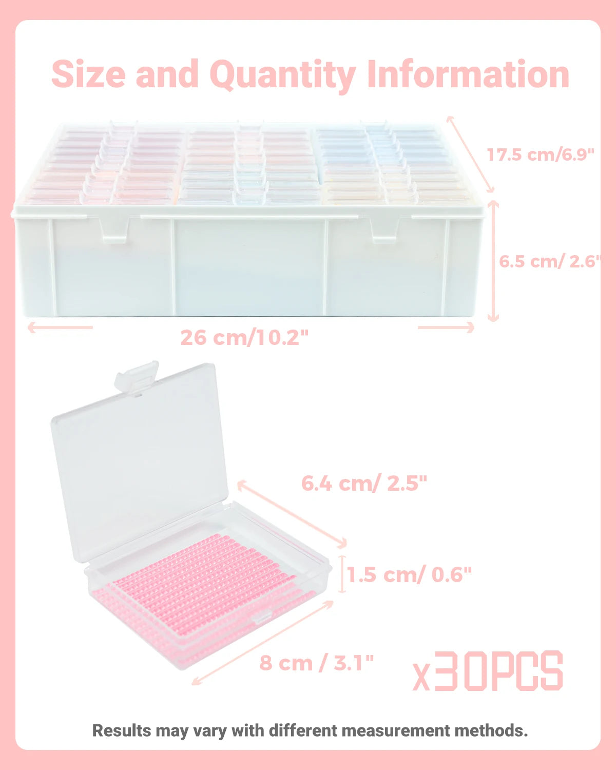 White diamond painting storage trays with lids and an organizer rack showing size dimensions.