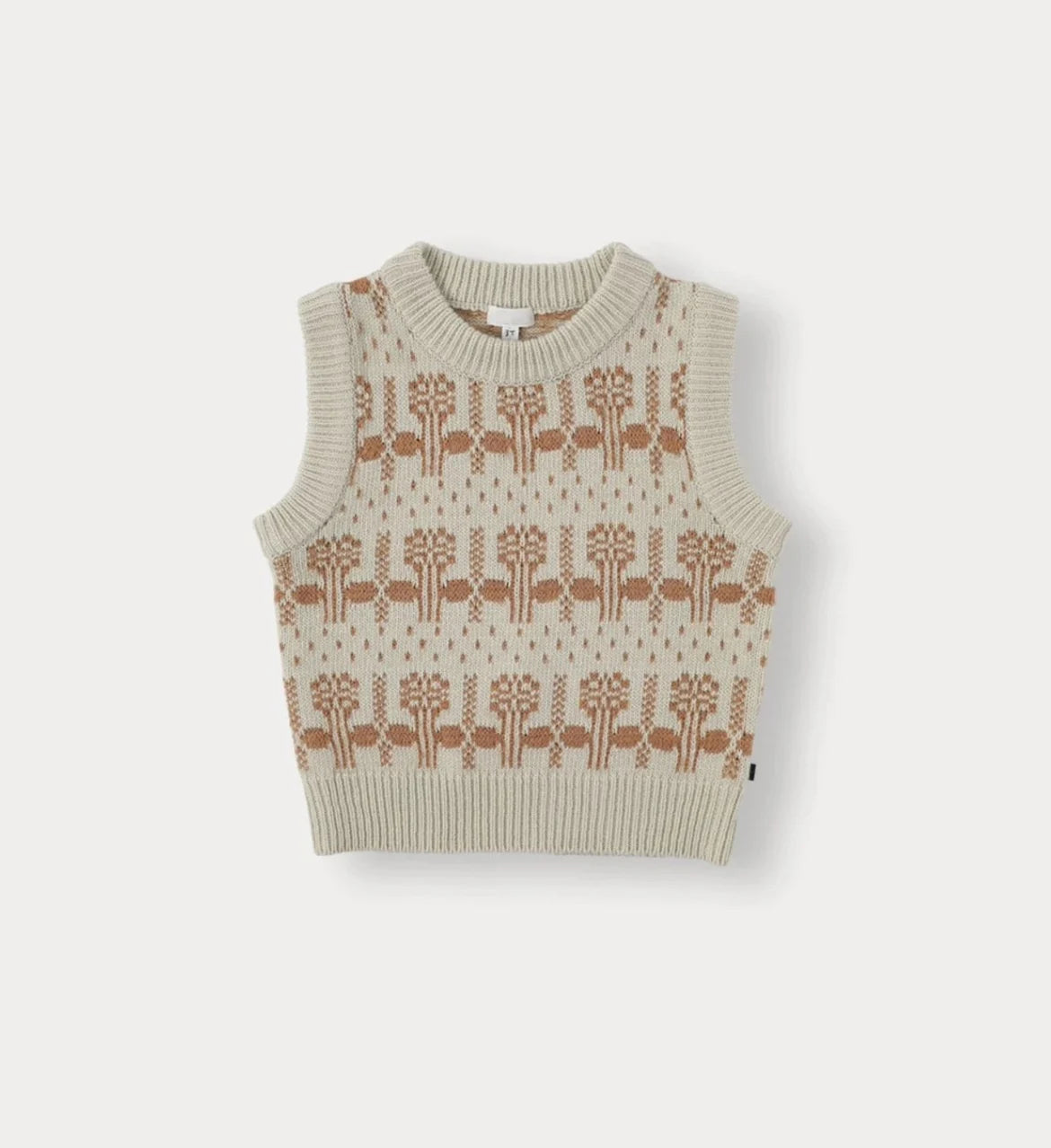 A beige knit sweater and pants set for a toddler, featuring a repeating floral pattern.