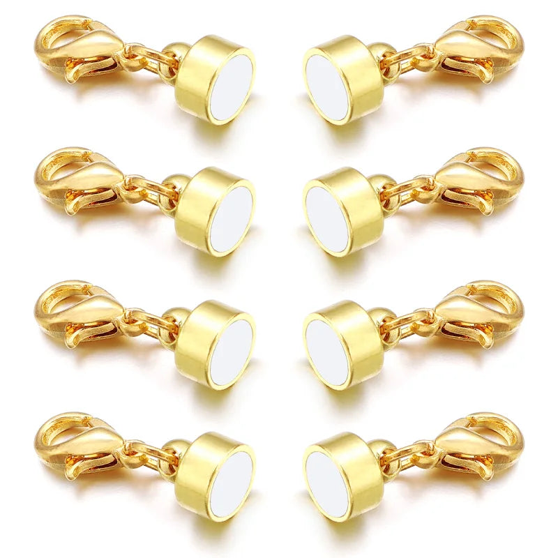 A set of gold-colored magnetic clasps for jewelry making shown in various angles.