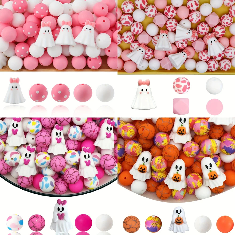 A collection of colorful silicone beads in various shapes and Halloween-themed designs for jewelry and crafting.