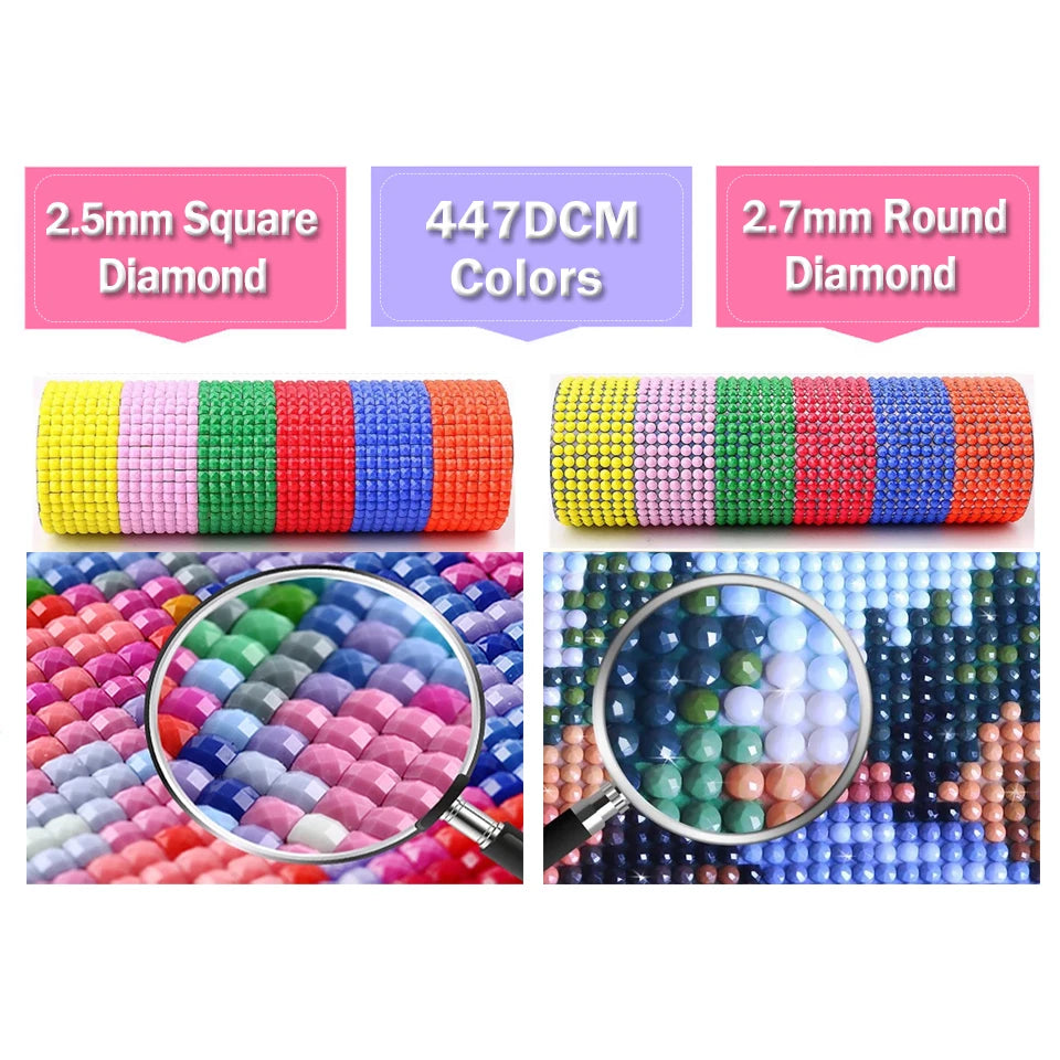 A set of 2.5mm square and 2.7mm round colored diamonds for a 447DCM diamond painting kit