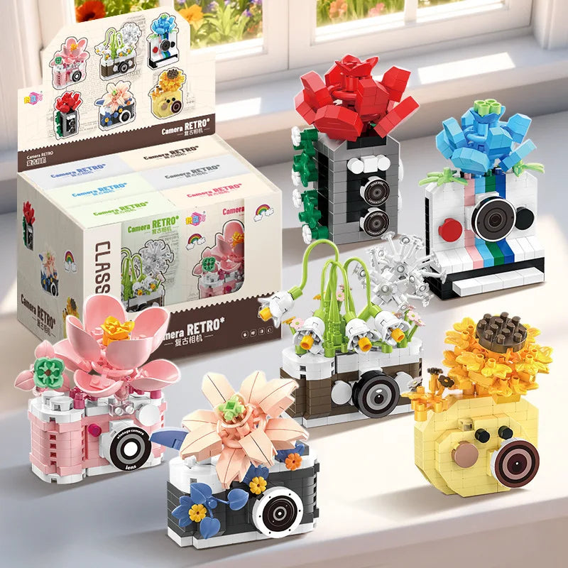 Retro Camera Building Blocks Set with Flower Bonsai Design