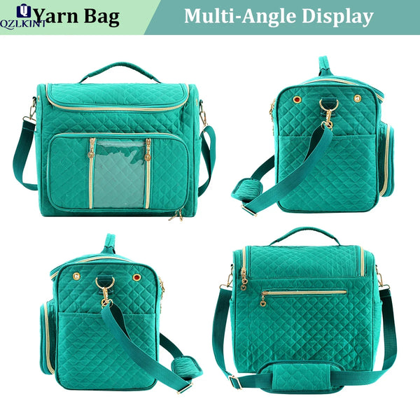 Türkise gesteppte Garntasche in verschiedenen Winkeln, die Merkmale und Design zeigt.