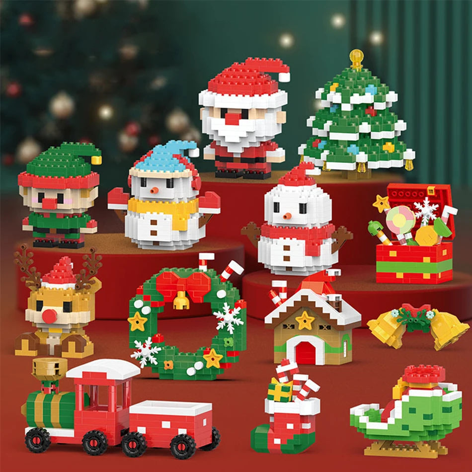 Collection de figurines de mini blocs pour Noël avec Santa, bonhommes de neige et scènes festives.