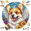 A detailed illustration of an orange and white dog's face with feathered wings, suitable for a jigsaw puzzle.