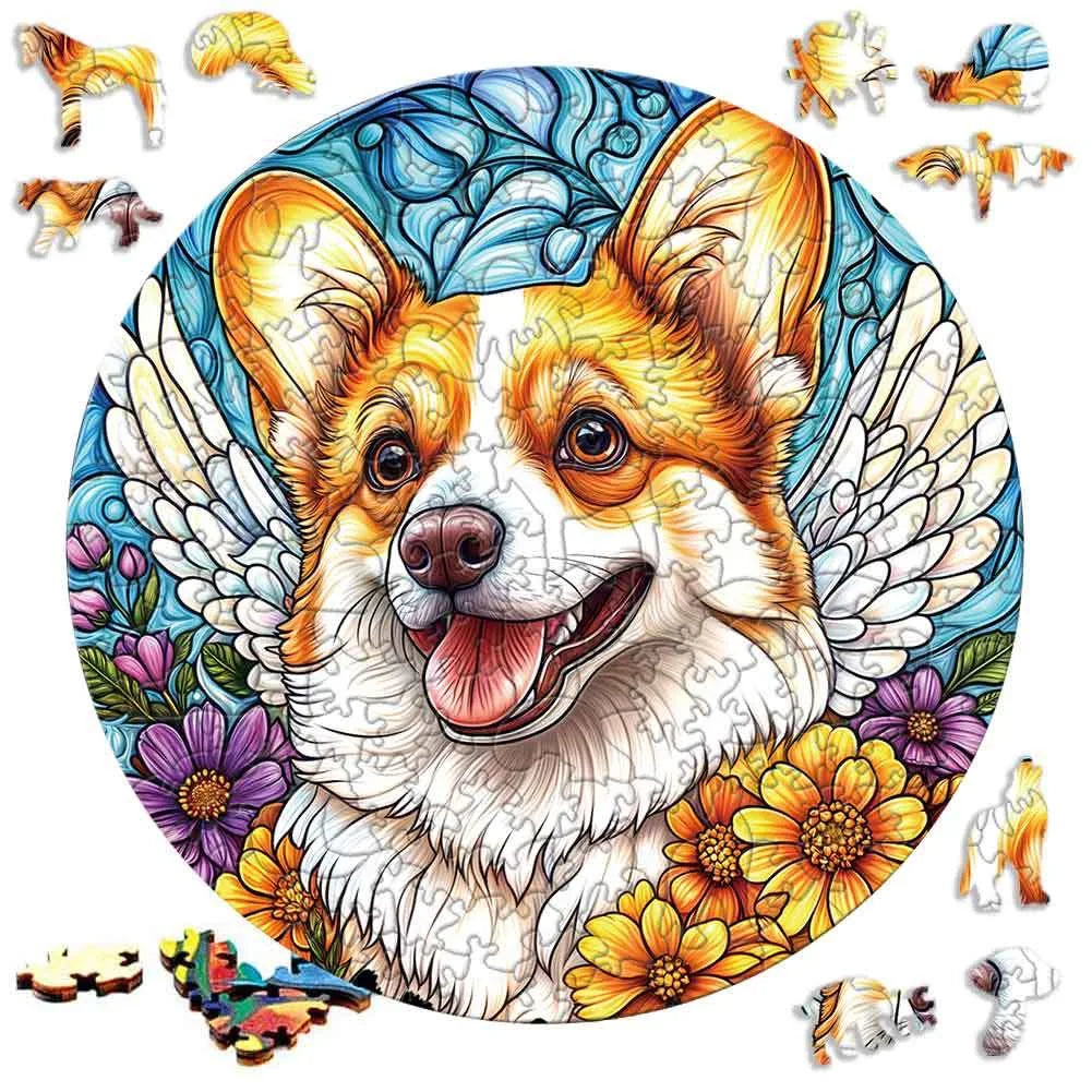 A detailed illustration of an orange and white dog's face with feathered wings, suitable for a jigsaw puzzle.