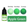 A set of liquid candle wax pigments in green color, showing one, five, and ten drops.