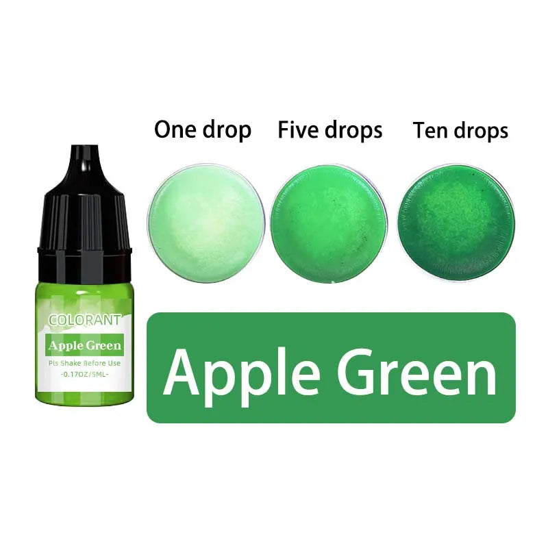 A set of liquid candle wax pigments in green color, showing one, five, and ten drops.