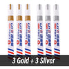 A set of nine permanent paint markers in gold and silver colors displayed vertically.