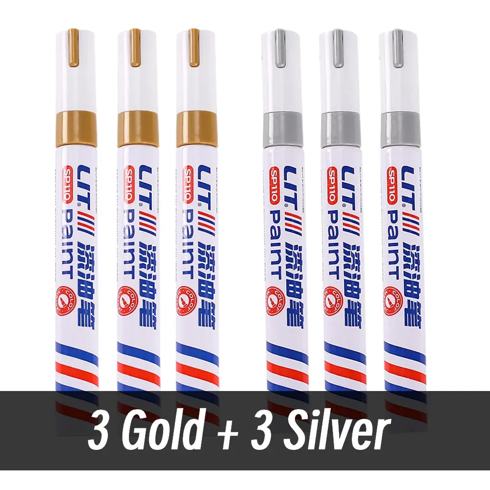 A set of nine permanent paint markers in gold and silver colors displayed vertically.
