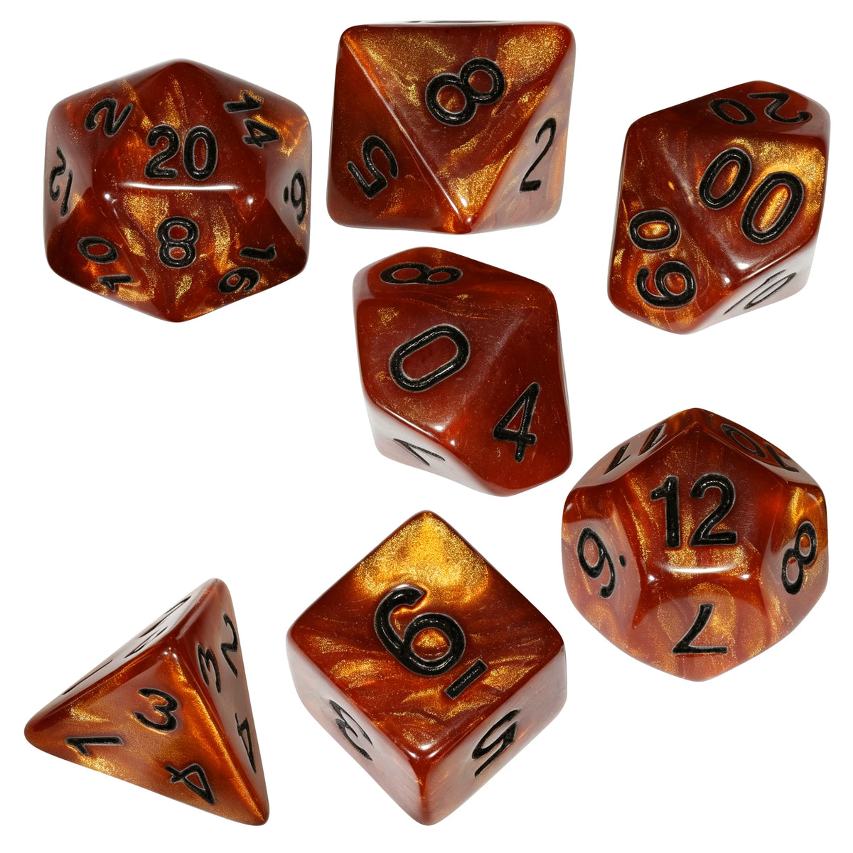 A set of seven marbled polyhedral dice in shades of amber and brown.