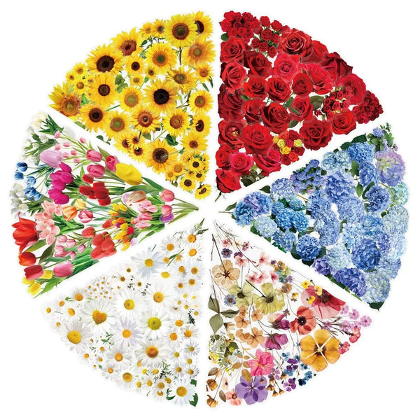 A circular arrangement of colorful flower petals and blooms in shades of yellow, orange, red, pink, and blue.