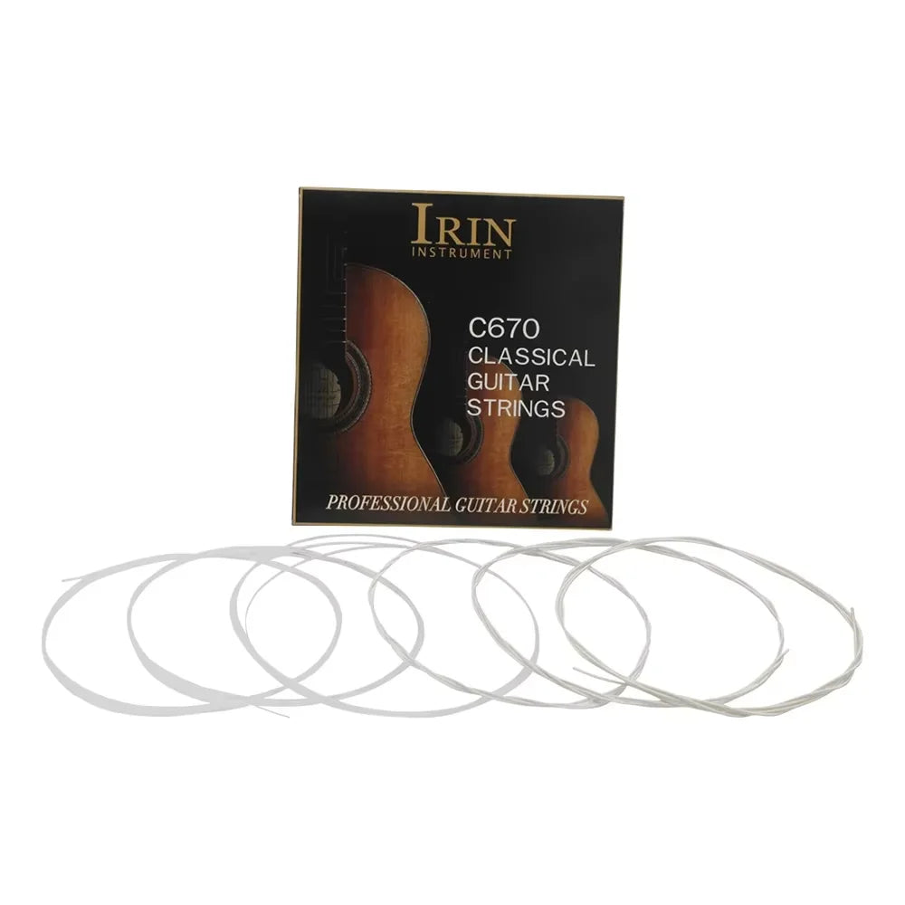 A set of IRIN C670 classical guitar strings, featuring clear nylon and silver-plated copper wound strings.