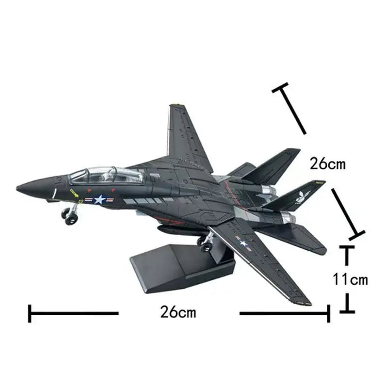 A black military fighter jet model kit with detailed features and markings.