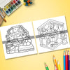 A coloring book featuring illustrations of cozy hygge scenes, including a decorated house and festive elements.