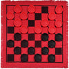 A red felt game rug featuring a black and red checkered board with 24 circular pieces for checkers and tic tac toe games.