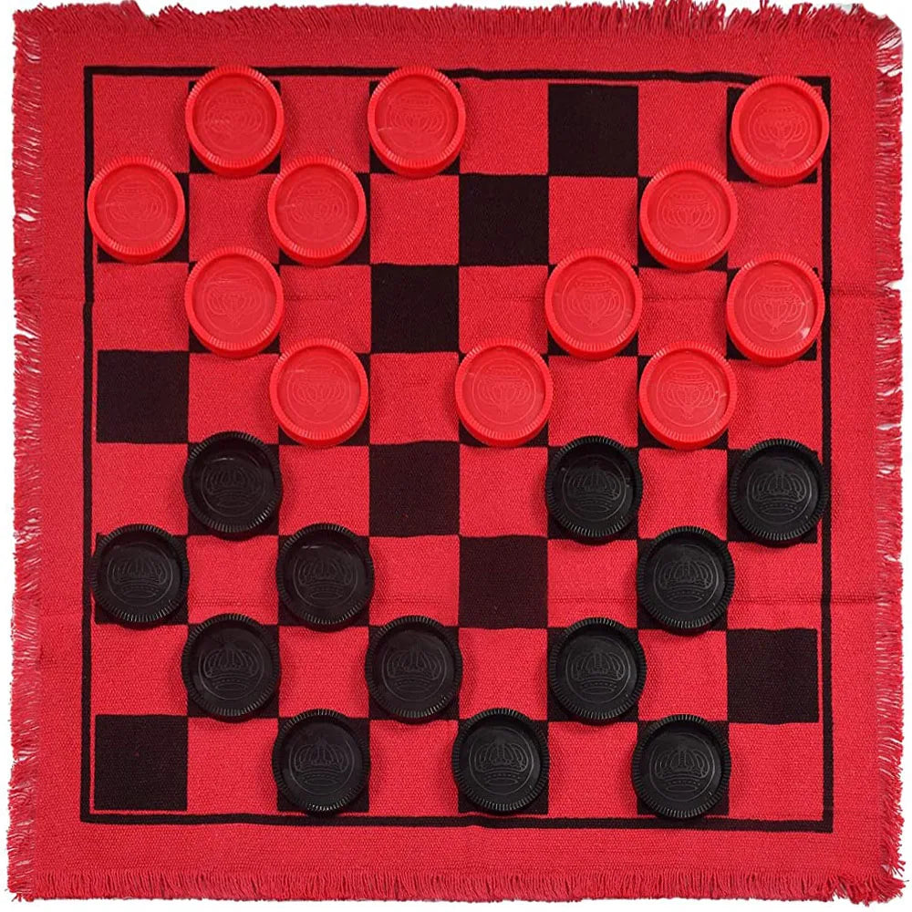 A red felt game rug featuring a black and red checkered board with 24 circular pieces for checkers and tic tac toe games.