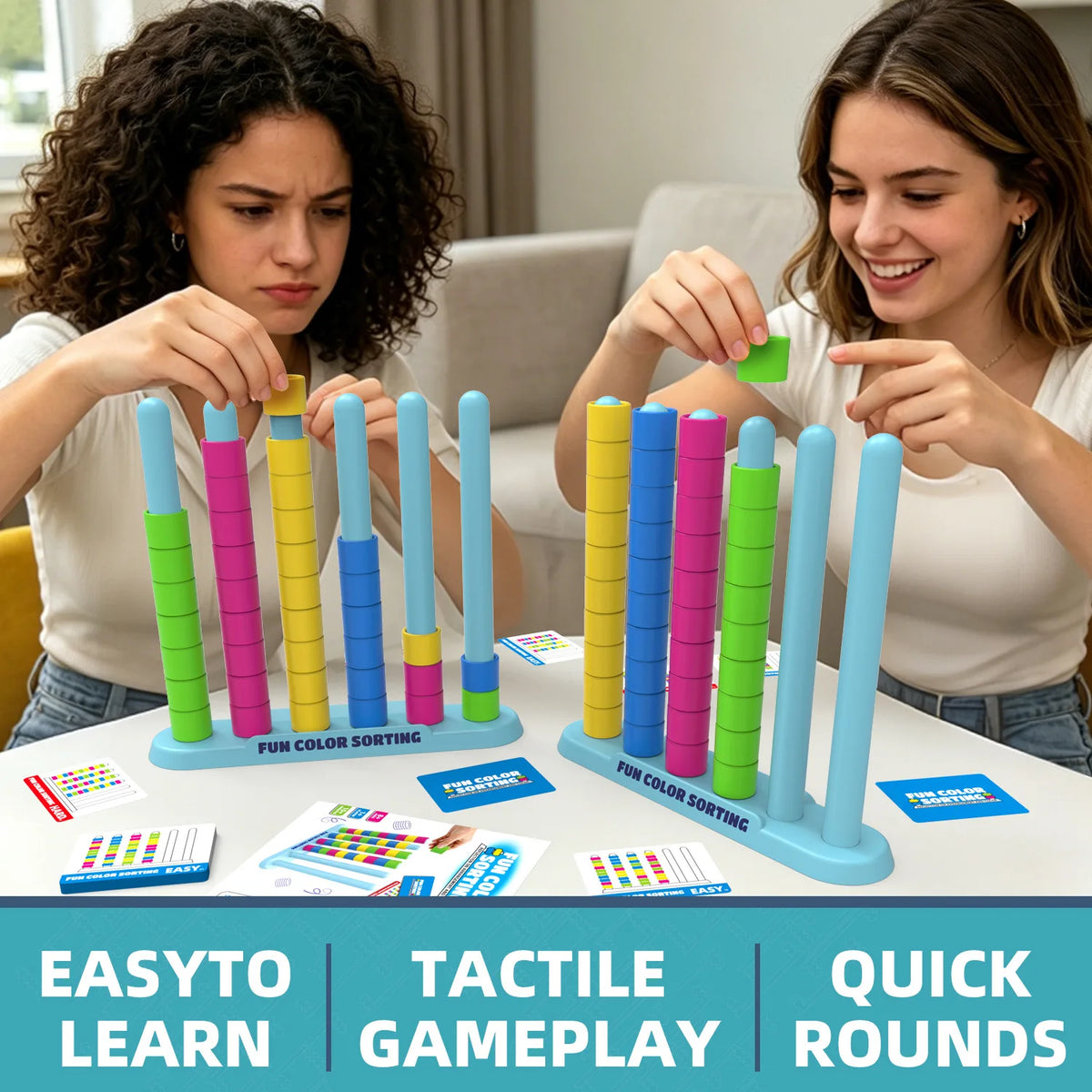 Two women play a color sorting game using colorful plastic stacking rods and blocks on a table.
