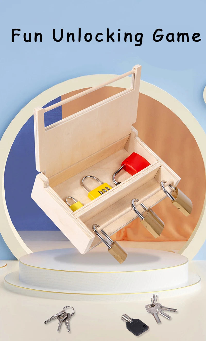 A wooden lock and key toy set displayed inside an open wooden box, used for a fun unlocking game.