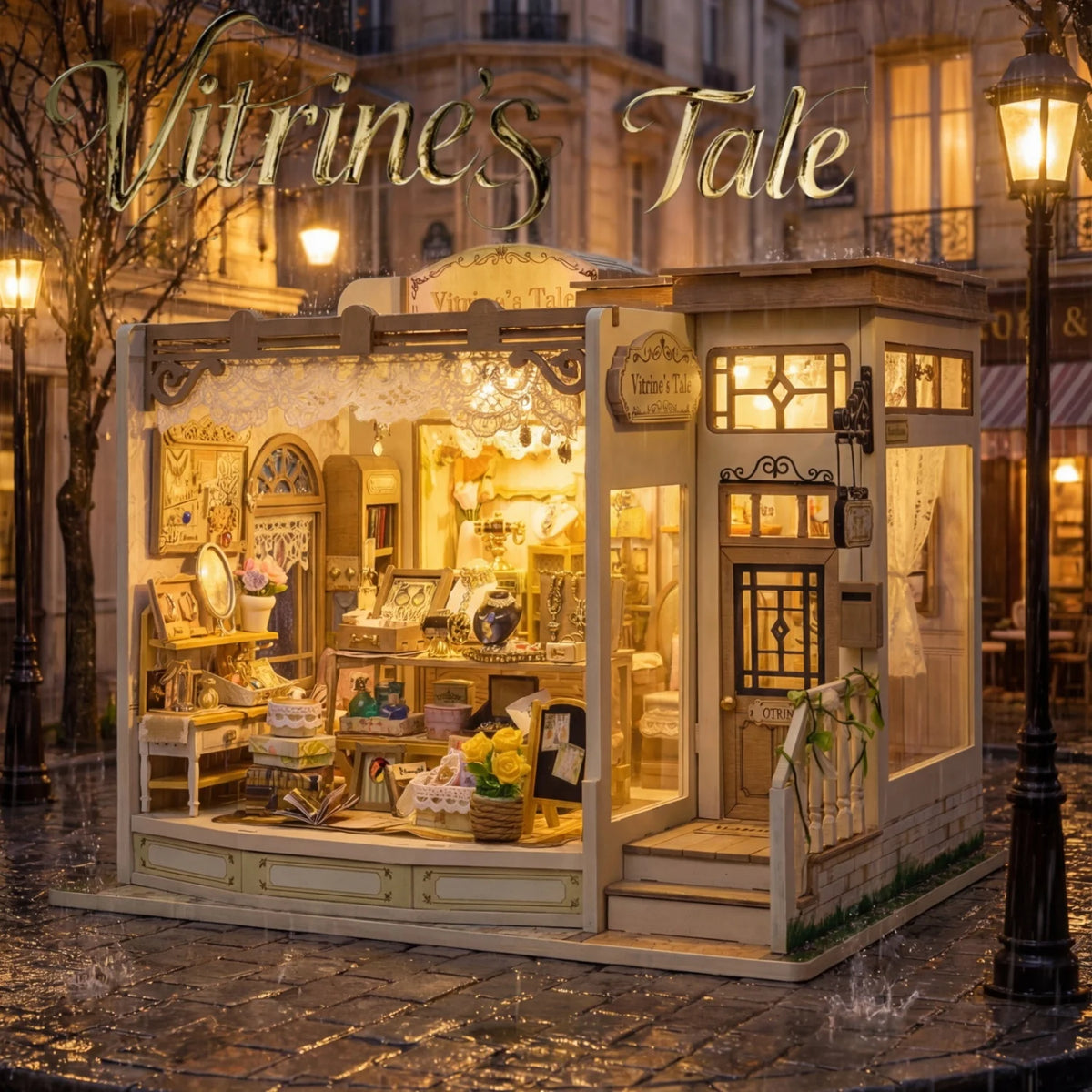 A detailed wooden miniature dollhouse kit displayed in a storefront window with ornate gold lettering.