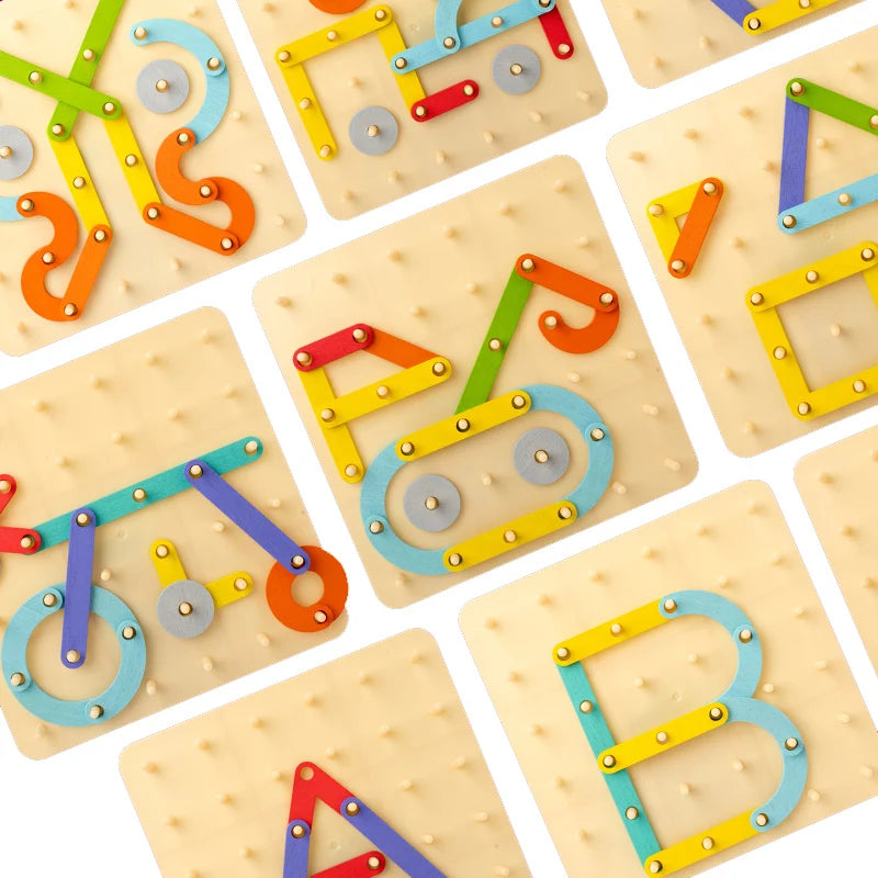 A collection of wooden Montessori pegboard puzzles featuring colorful wooden pegs and boards.