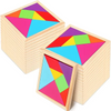 A wooden tangram puzzle set showing seven colored geometric pieces arranged in a square box.