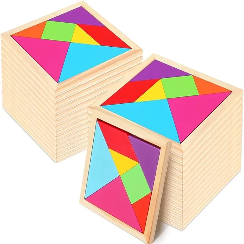 A wooden tangram puzzle set showing seven colored geometric pieces arranged in a square box.