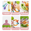 A set of silicone sensory toys including a pullable, pressable, pushable, chewable, and rotatable teether for babies.