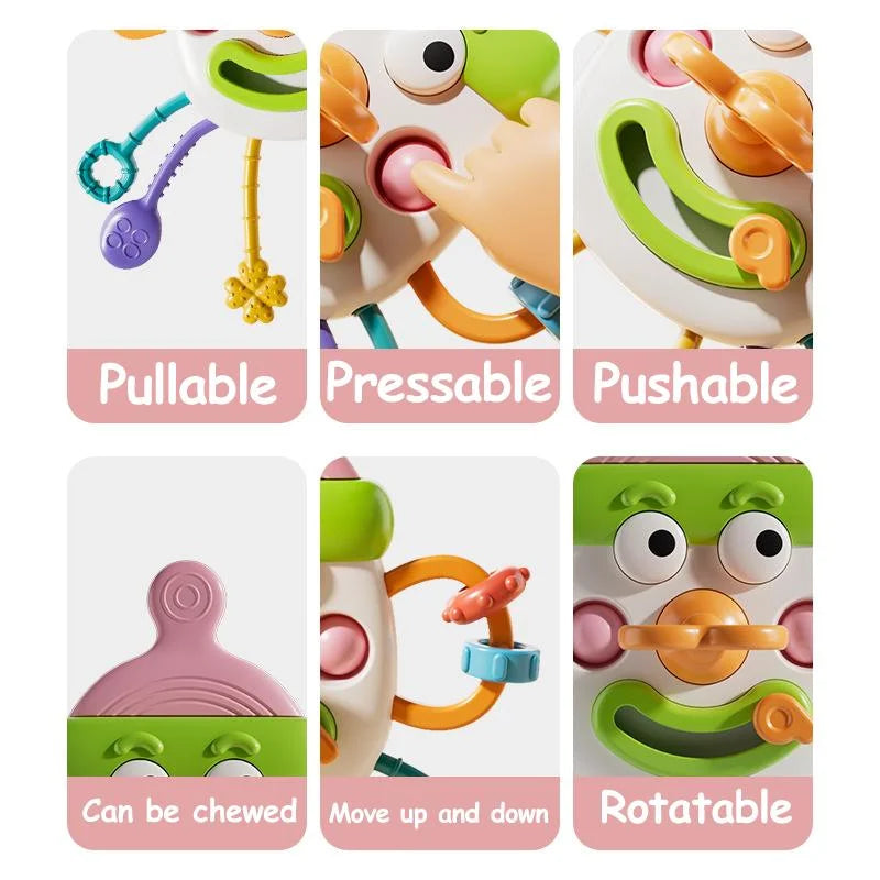 A set of silicone sensory toys including a pullable, pressable, pushable, chewable, and rotatable teether for babies.
