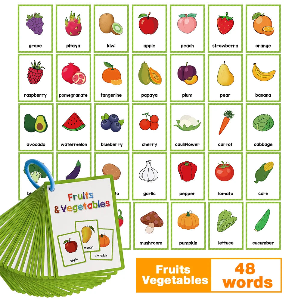 Un jeu de 48 cartes d'apprentissage avec des fruits et légumes pour enfants.