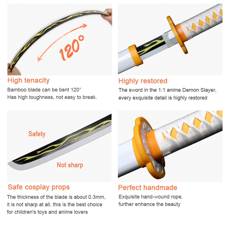 A bamboo katana replica sword with a white blade and orange hilt, demonstrating high tenacity and safety features.