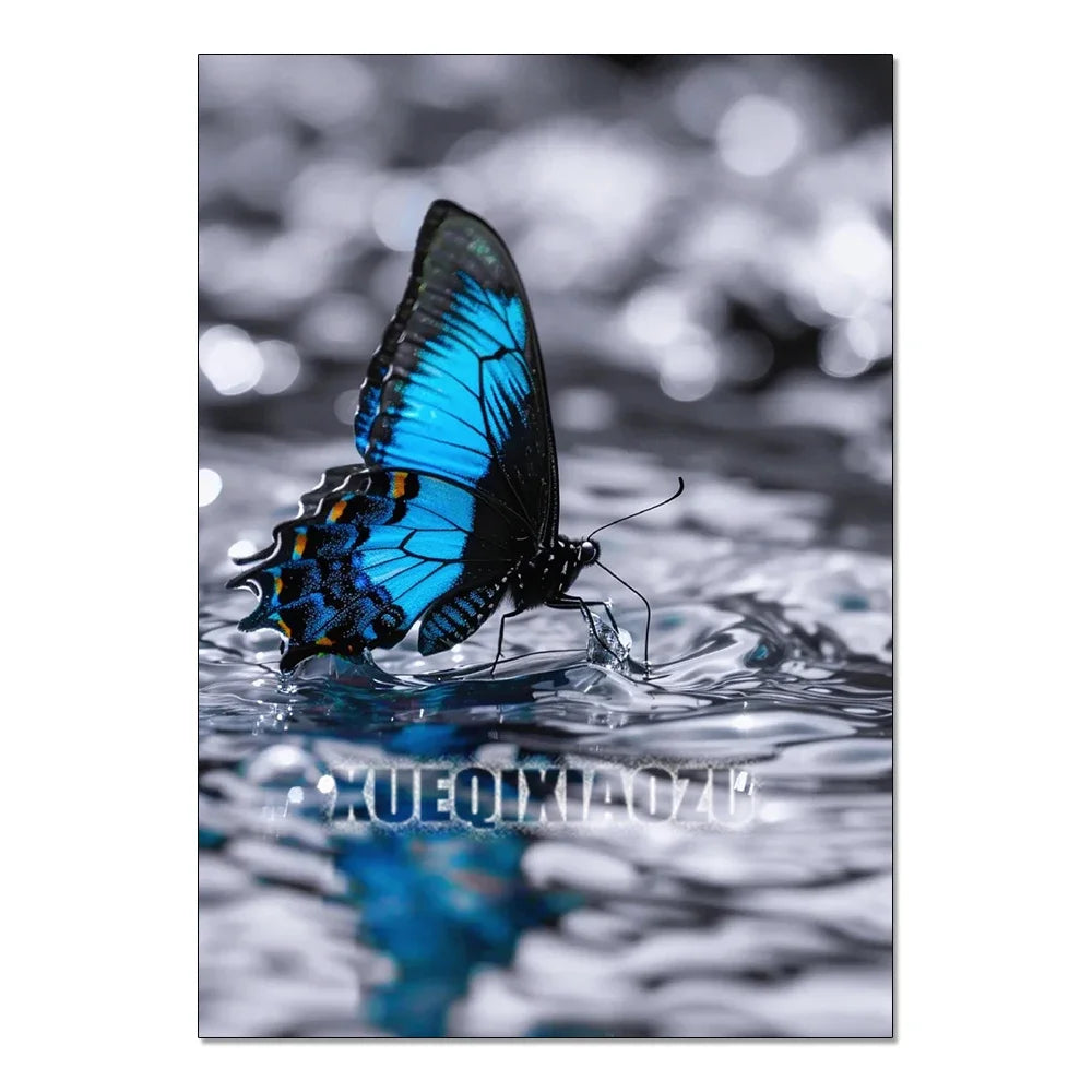 A vibrant blue butterfly is captured mid-flight above rippling water.