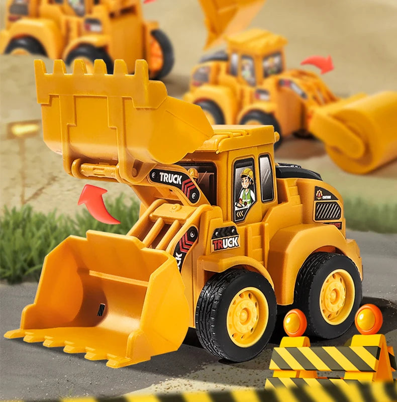 Modèle de véhicule de construction en métal jaune avec une grande pelle et un godet, sur une surface grise.