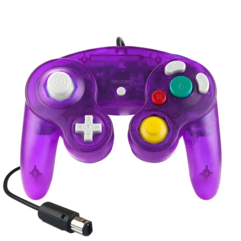 A purple wired game controller for the Nintendo GameCube console.