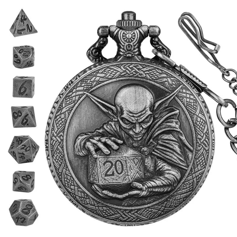 Metal Polyhedral Dice Set with Pocket Watch Case