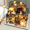 A detailed wooden miniature dollhouse assembly kit featuring furniture and an elaborate facade.