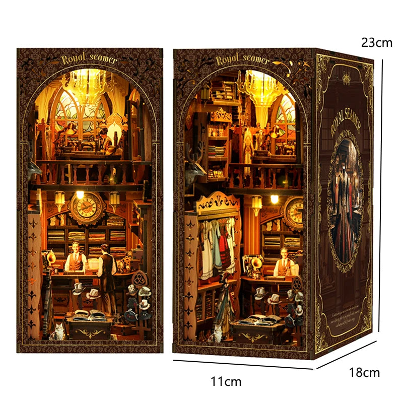 A detailed wooden book nook kit featuring a diorama of a historical scene with warm LED lighting.