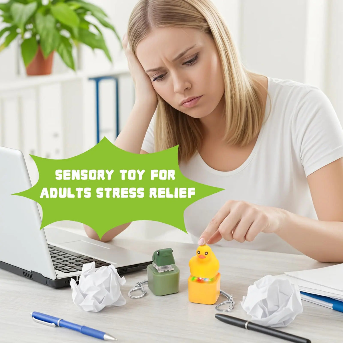 A woman is using a sensory toy for adults stress relief, featuring a duck and frog clicker keychain with an LED light.