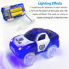 A blue police jeep toy car is shown with glowing lights, next to AA batteries and a clear plastic piece.